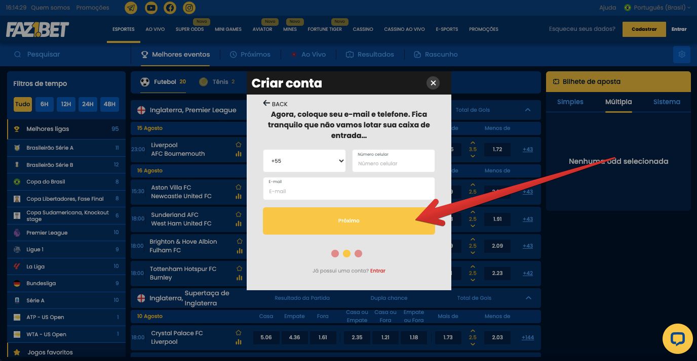 Digite e-mail e número de celular