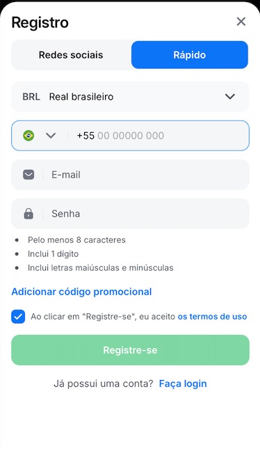 Escolha entre Cadastro Rápido ou Cadastro via Redes Sociais 1