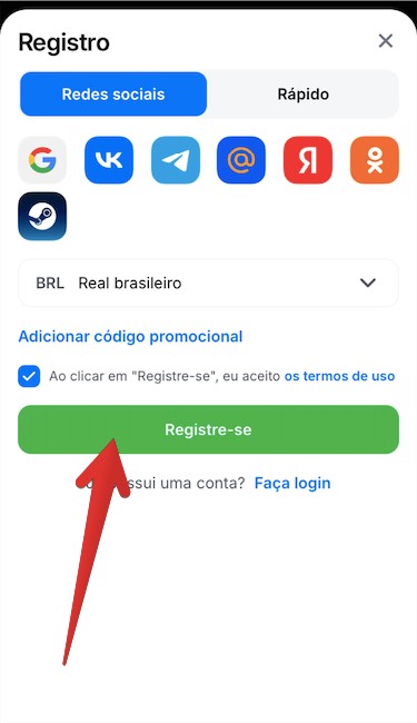 Escolha entre Cadastro Rápido ou Cadastro via Redes Sociais 2