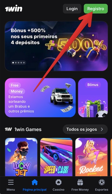 Inicie o 1win app Android e pressione o botão verde “Registro”