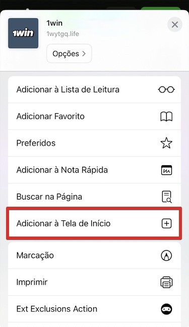 No menu de opções da página, selecione “Adicionar à Tela de Início”
