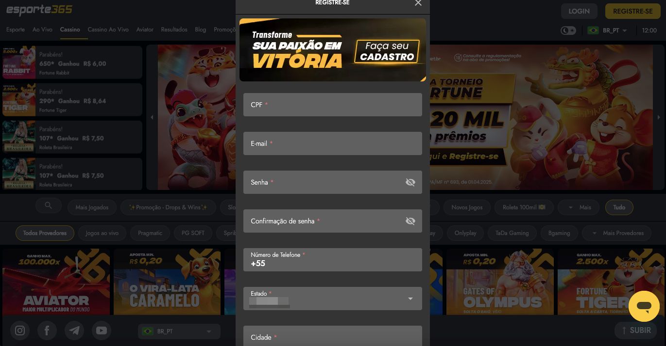 Primeira parte do formulário de inscrição