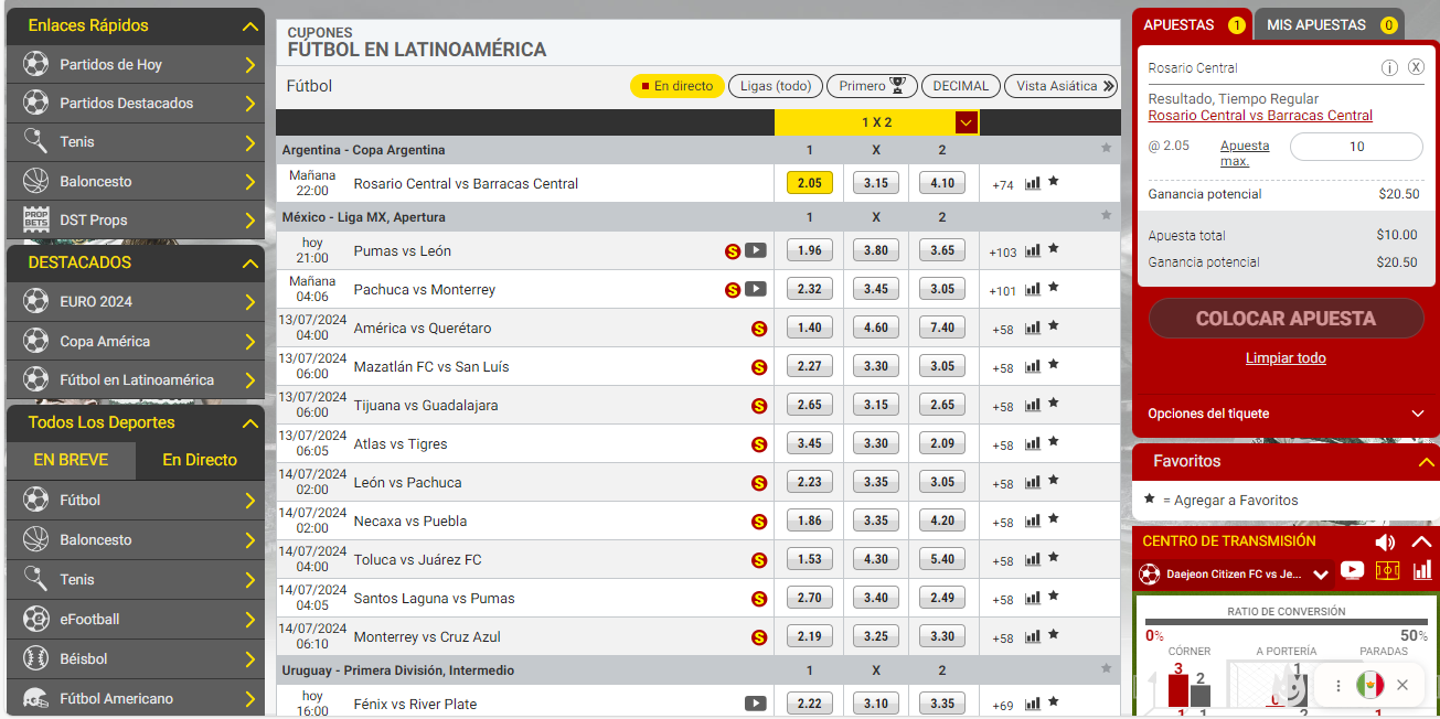 Sección de cuotas de la página Dafabet Cuotas de Dafabet México