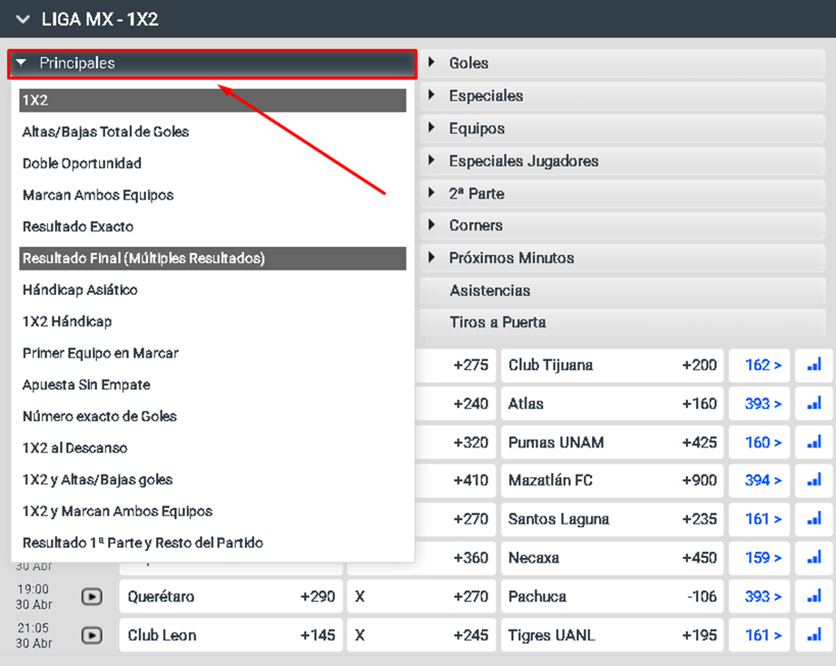 Mercados de apuestas Lista con los mercados de apuestas principales para la Liga MX
