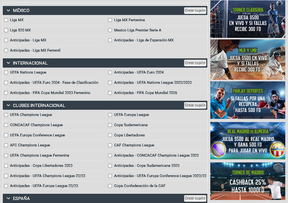 Eventos deportivos Panel con los eventos deportivos disponibles en Codere para fútbol