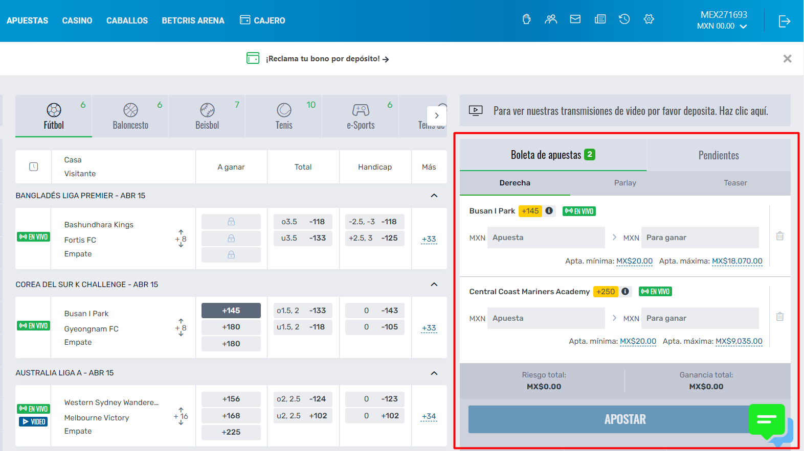 Imágenes de la página de apuestas de Betcris México Se muestra una captura de pantalla de la sección de apuestas de Betcris México