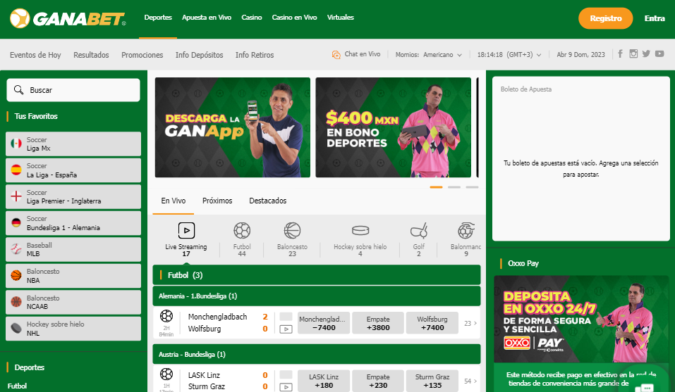 Página principal de Ganabet México Pantalla de la versión web de Ganabet