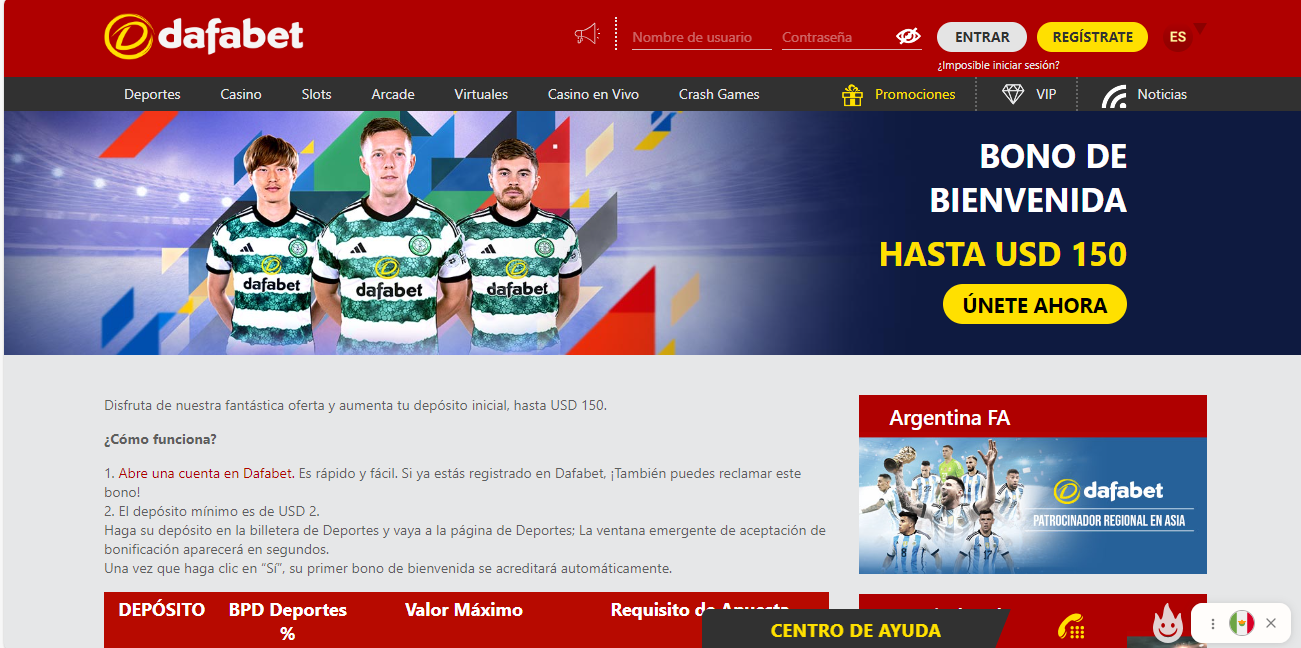Bono de bienvenida de la página Dafabet Bono de bienvenida de hasta 150 usd de Dafabet México